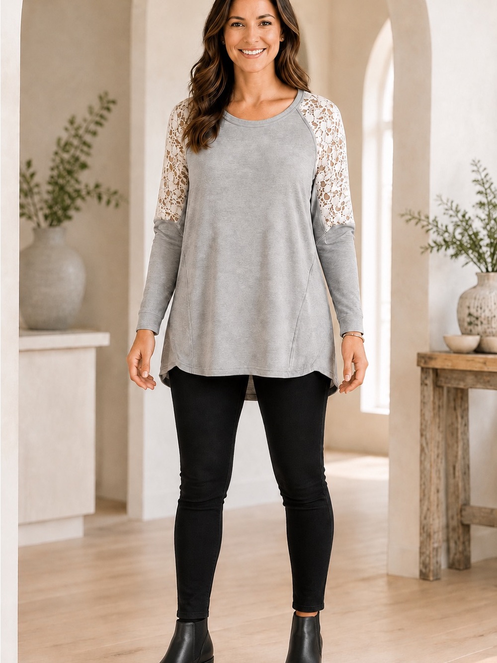 Women's Gray Lace-Accent Pullover Sweatshirt